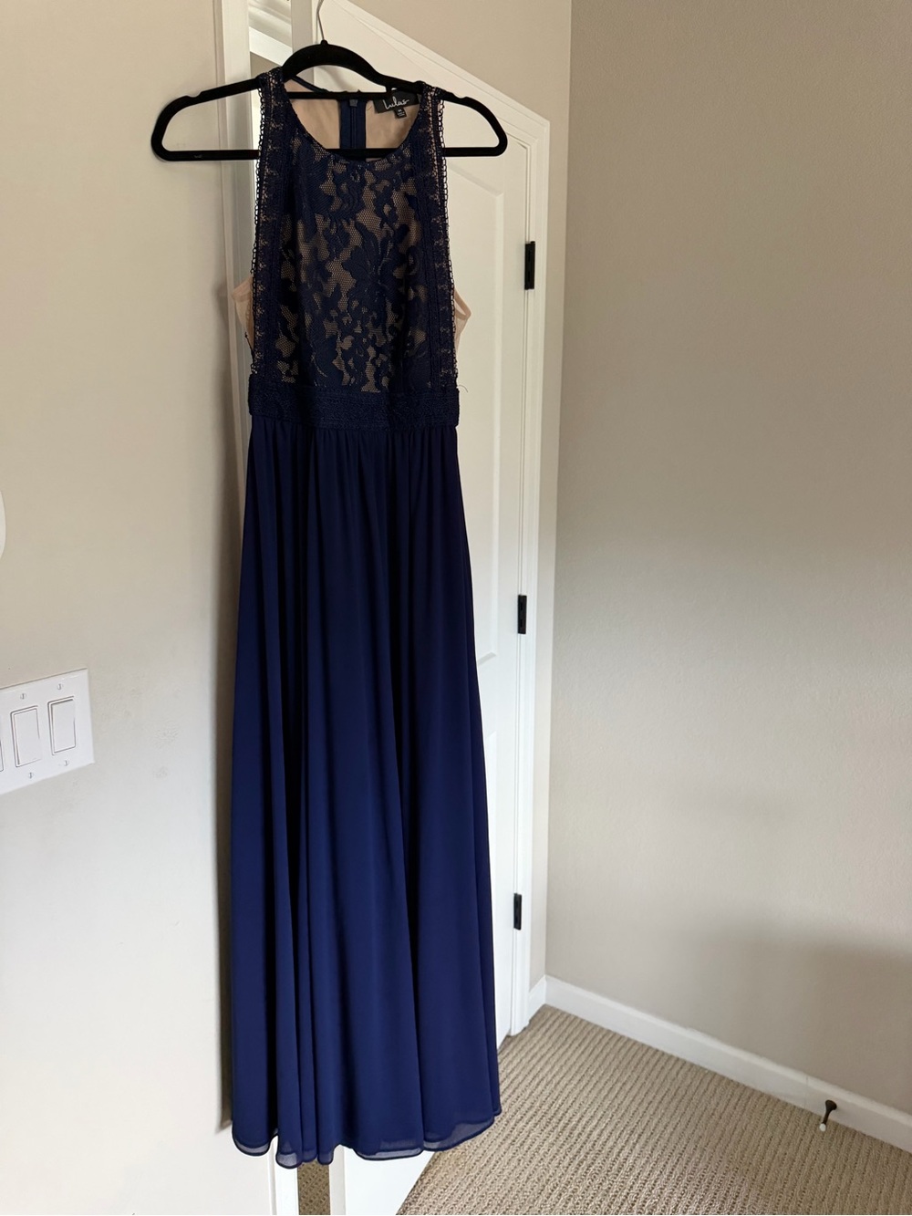 Lace-Top Navy Maxi Dress with Sheer Bodice Lulus